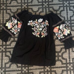Free People Black Top with Floral Embroidery
